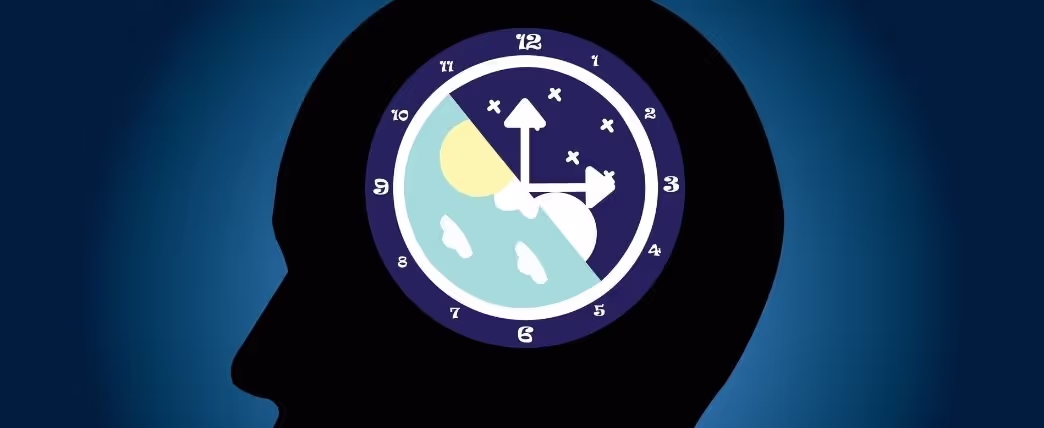 Illustration of a person's head with biological clock embedded in it