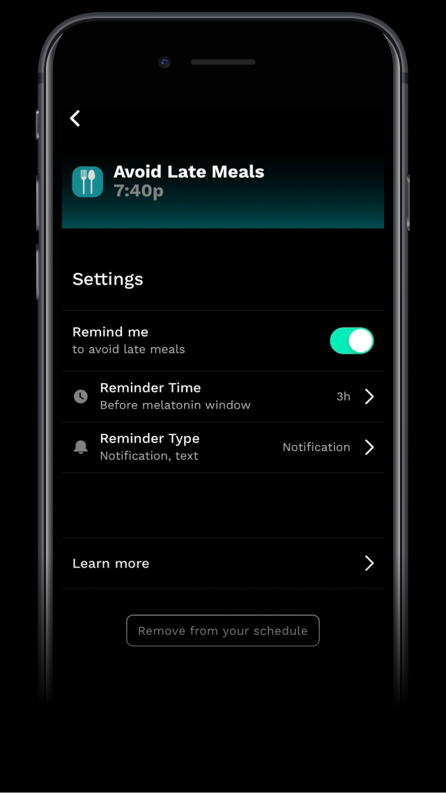 RISE app screenshot showing you when to have your last large meal of the day
