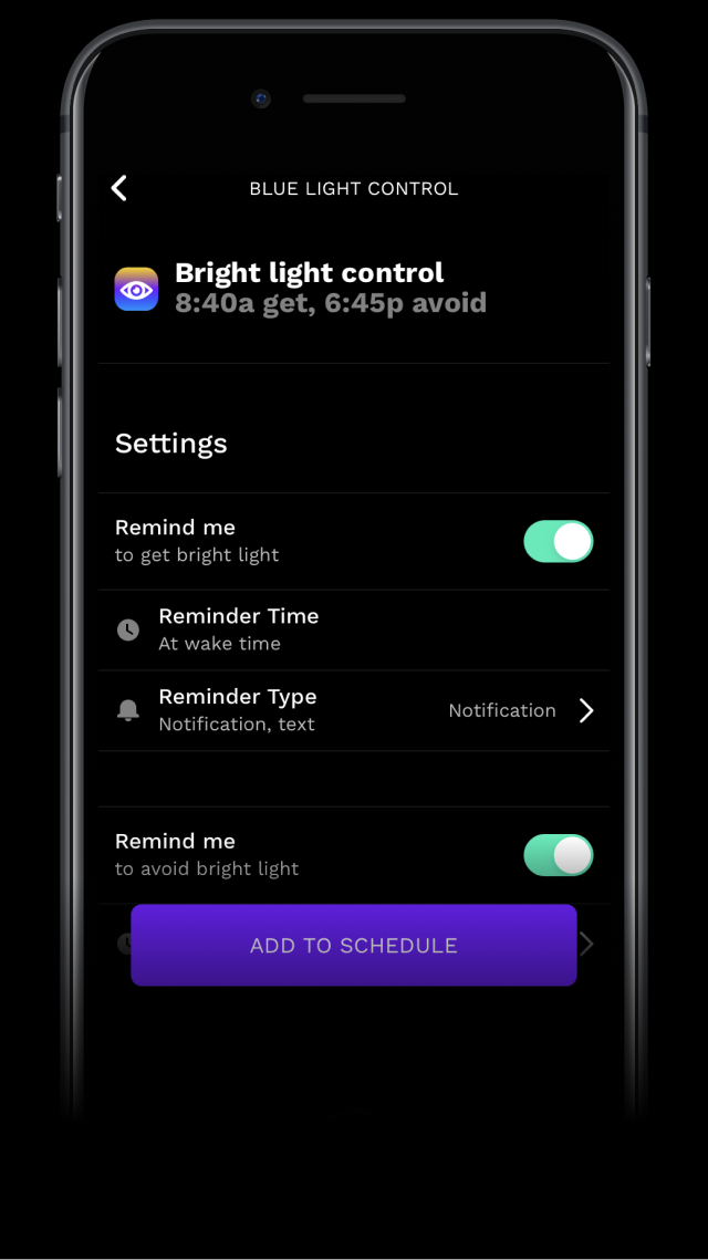 RISE app screenshot showing when to get and avoid bright light