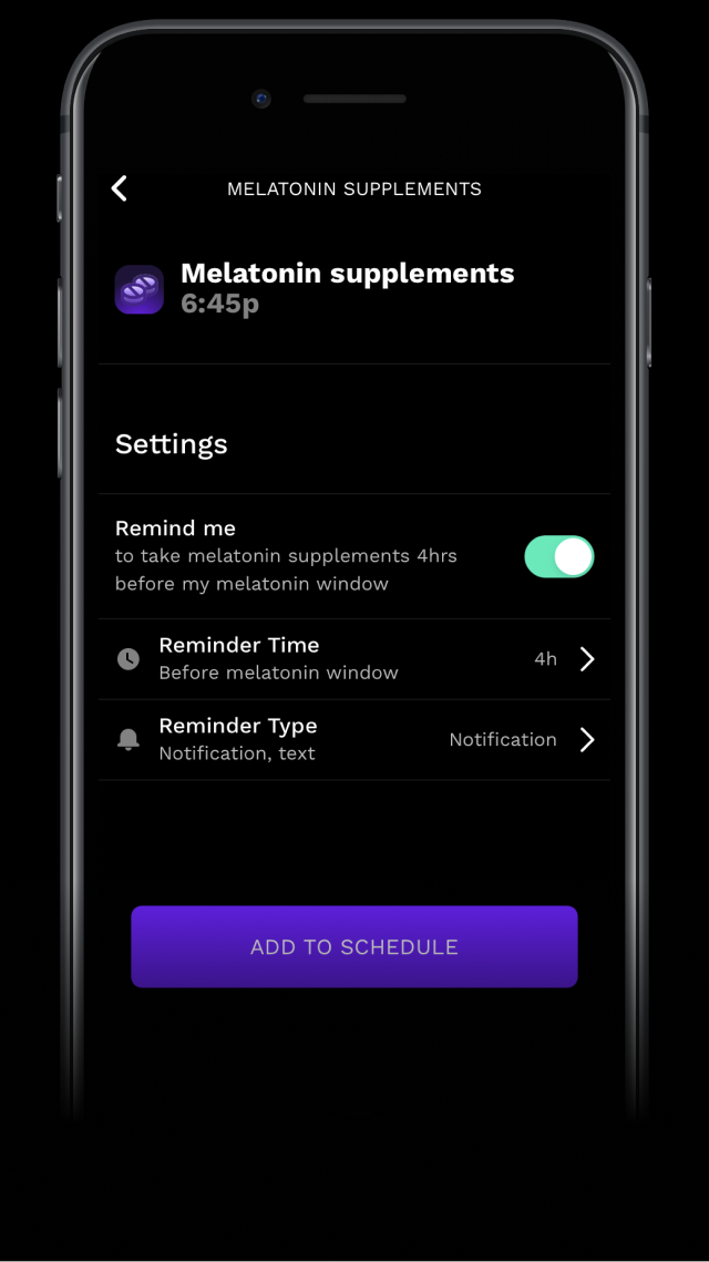 Tela do app RISE mostrando quando tomar suplementos de melatonina.