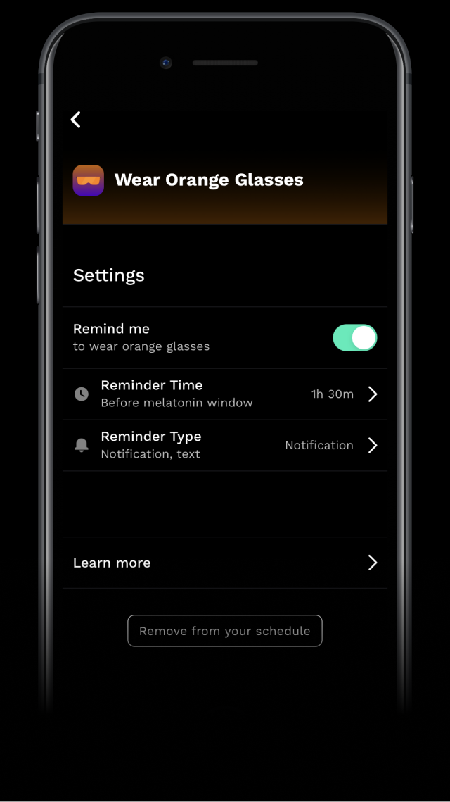RISE app screenshot showing you when to wear orange glasses