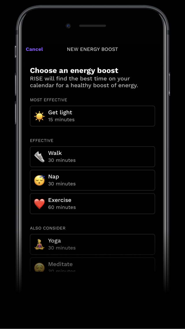 RISE app screenshot showing you the best time to get an energy boost
