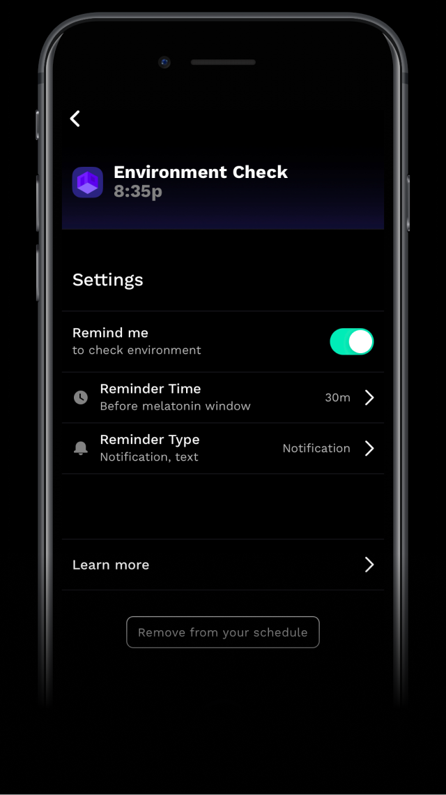 RISE app screenshot reminding you to run a sleeping environment check.