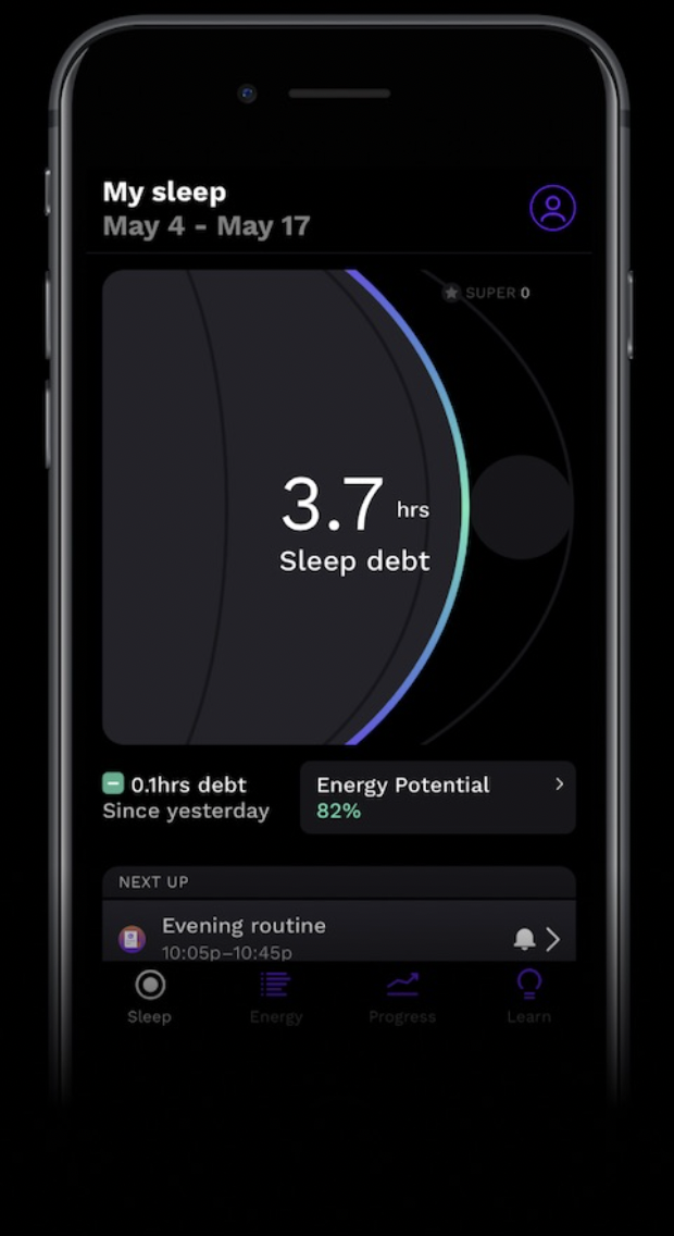 RISE app screenshot showing how much sleep debt you have