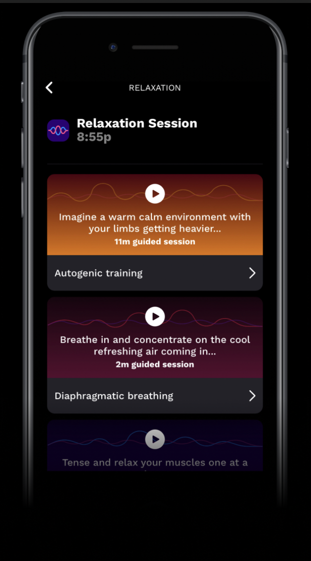 RISE app screenshot showing relaxation techniques