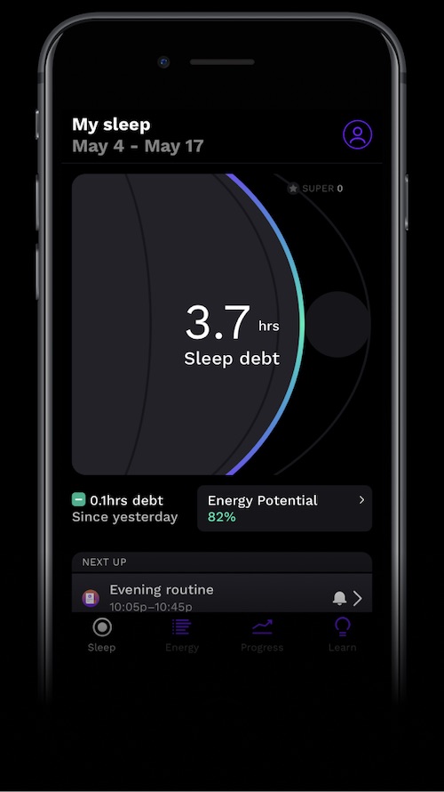 RISE app screenshot showing how much sleep debt you have