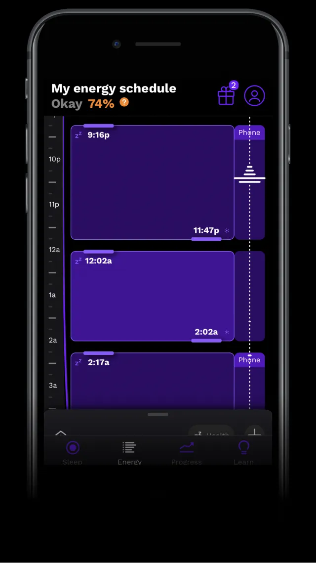 RISE app screenshot showing your energy schedule