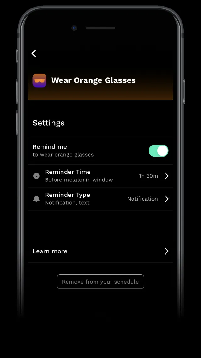 RISE app screenshot reminding you to wear orange glasses