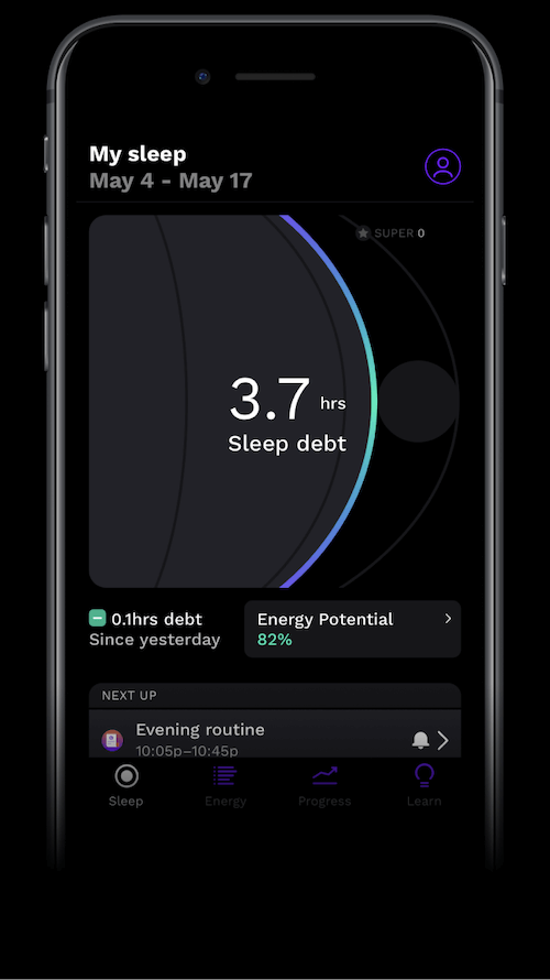 Tela do app RISE mostrando quanta dívida de sono você tem