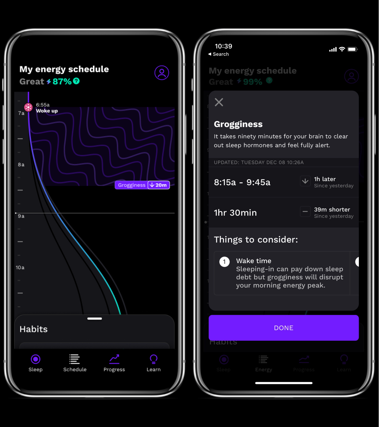 RISE app screenshot showing your energy grogginess time