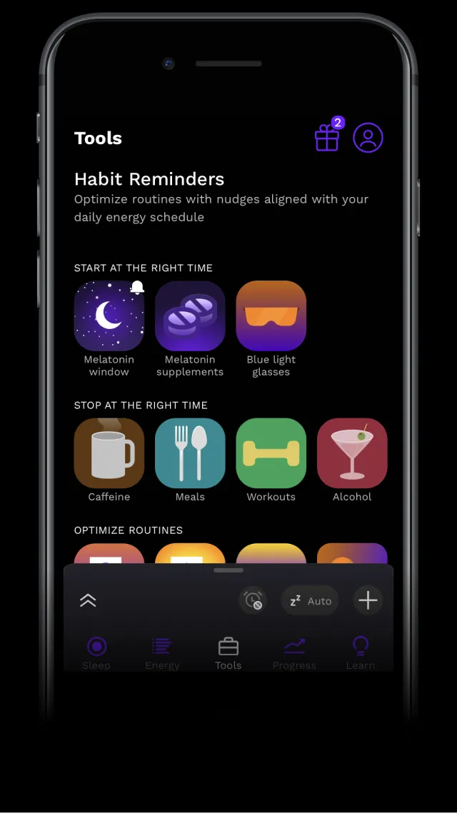 Captura de la app RISE que muestra los recordatorios de hábitos de higiene del sueño