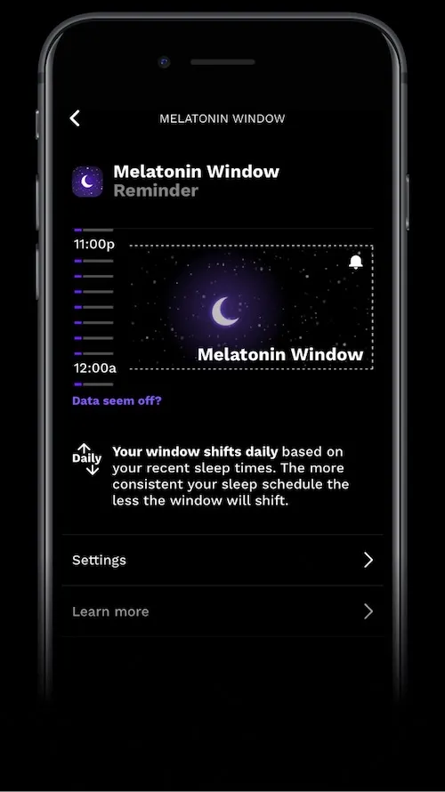 Captura de la app RISE que muestra tu Ventana de Melatonina