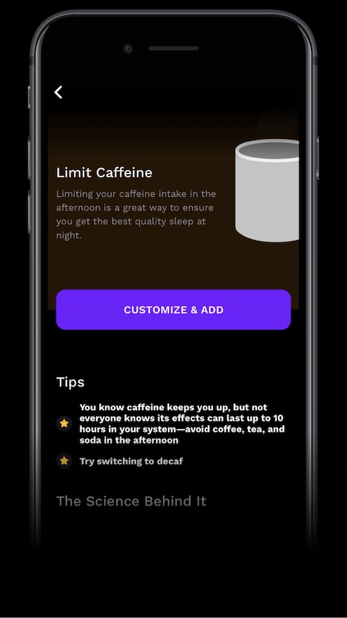 RISE app screenshot showing when to limit caffeine intake