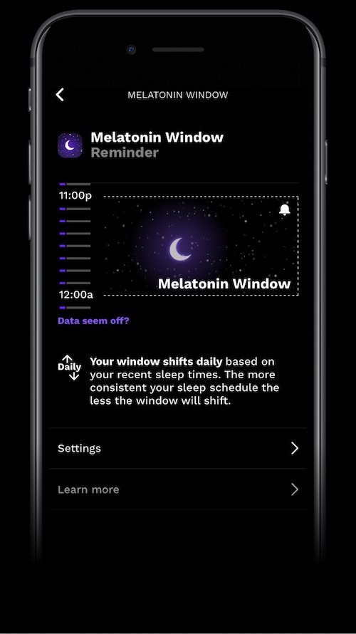 Captura de la app RISE que muestra tu Ventana de Melatonina