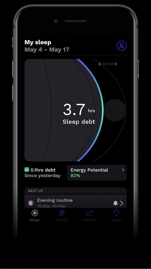Captura de la app RISE que muestra cuánta deuda de sueño tienes