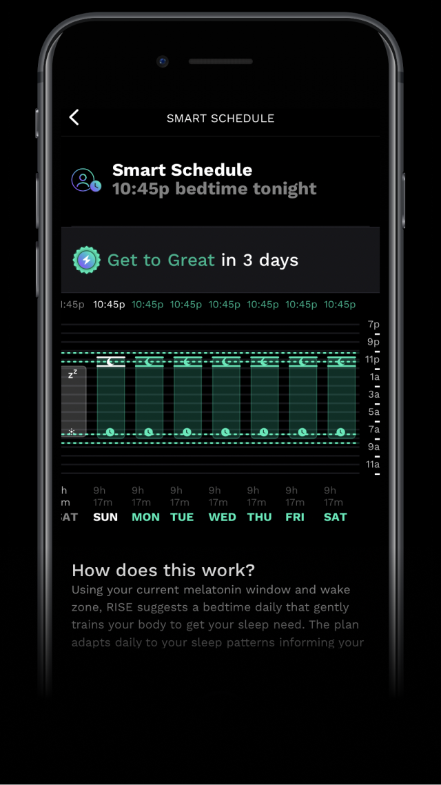 RISE app screenshot showing your ideal bedtime
