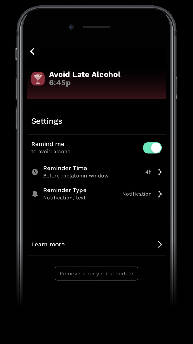 Tela do app RISE mostrando quando evitar álcool