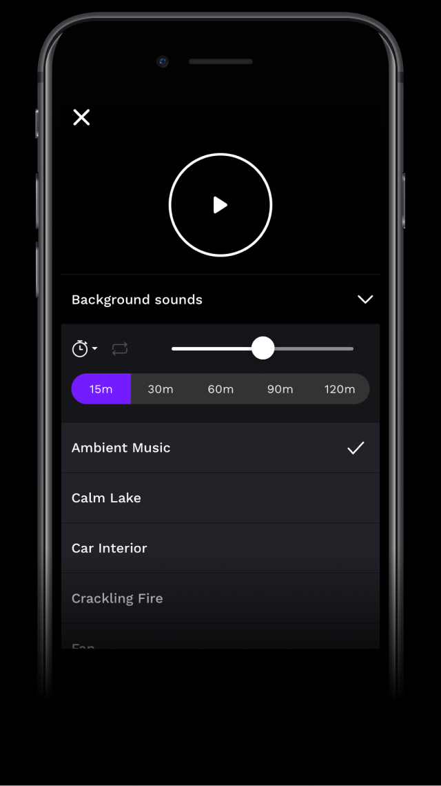 RISE app screenshot showing range of background sounds