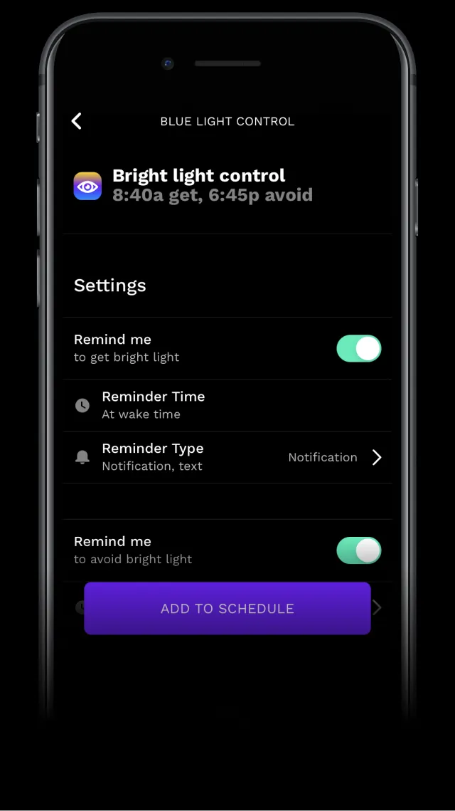 RISE app screenshot showing when to get and avoid bright light