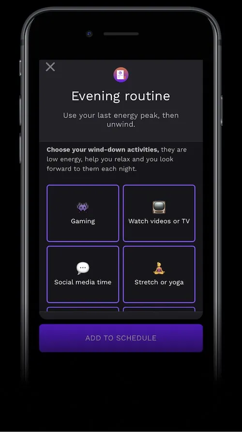 RISE app screenshot showing how to personalize evening wind down activities