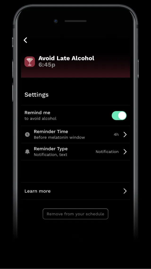RISE app screenshot showing when to avoid alcohol