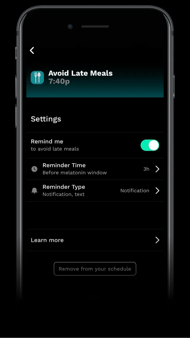 RISE app showing when to have your last big meal